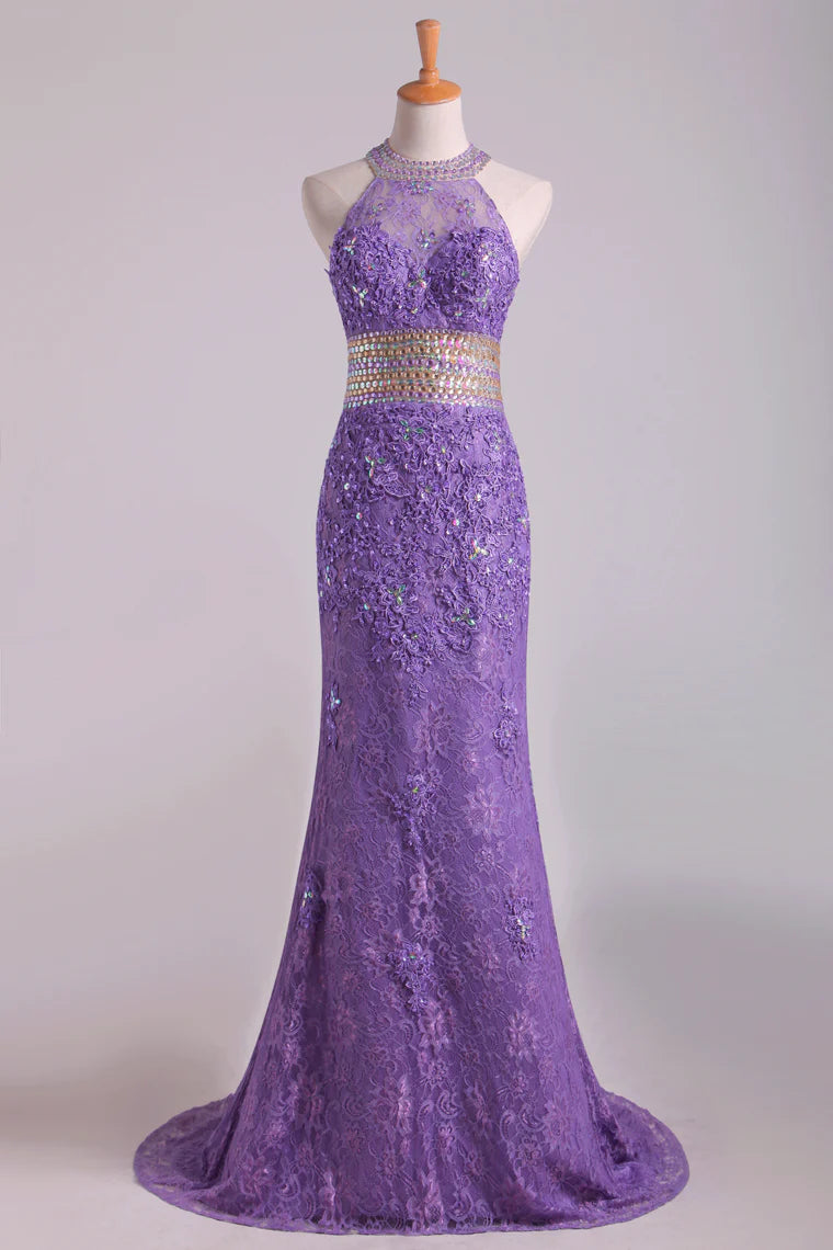 Mermaid High Neck Party Dresses Lace With Beads Sweep Train Purple